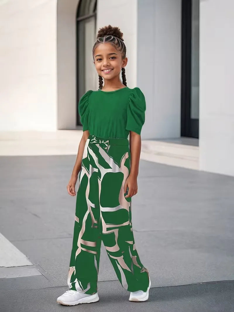 Girls 2-Piece Outfit Green Puff Sleeve Ribbed Crop Top & Abstract Print Wide Leg Pants Set