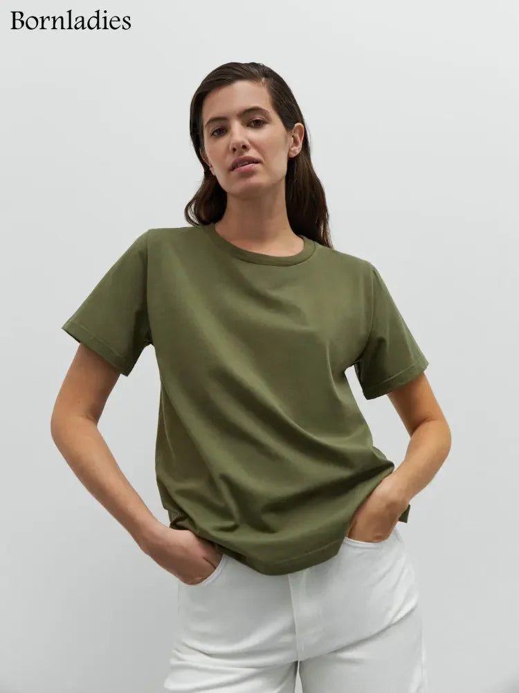 Bornladies 2025 Women's Summer 100% Cotton T-shirt Bottoming Basic Fashionable Solid Lady Short Sleeve Loose Tops Shirts