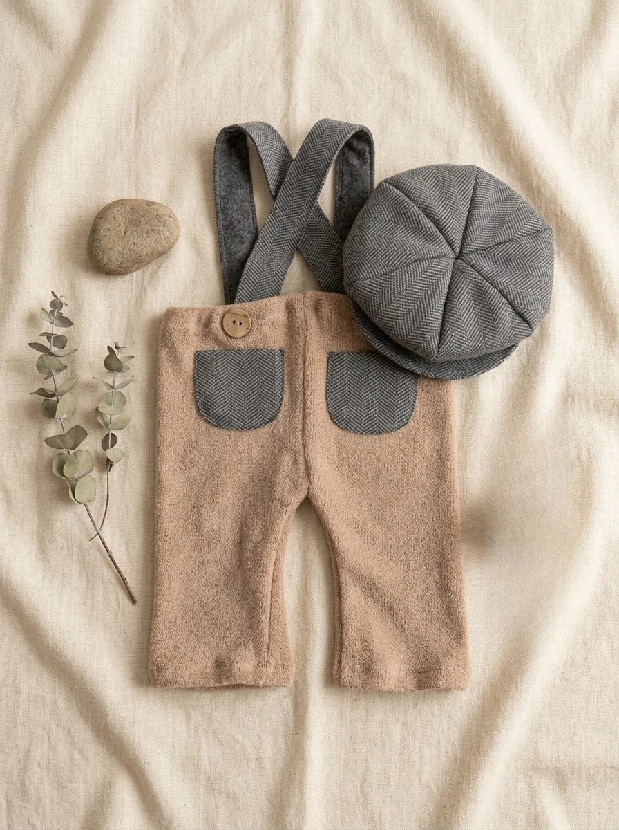 Newborn Boy Photography Props Knit Suspender Romper with Newsboy Hat Set Infant Photo Shoot Outfits Baby Photo Accessories