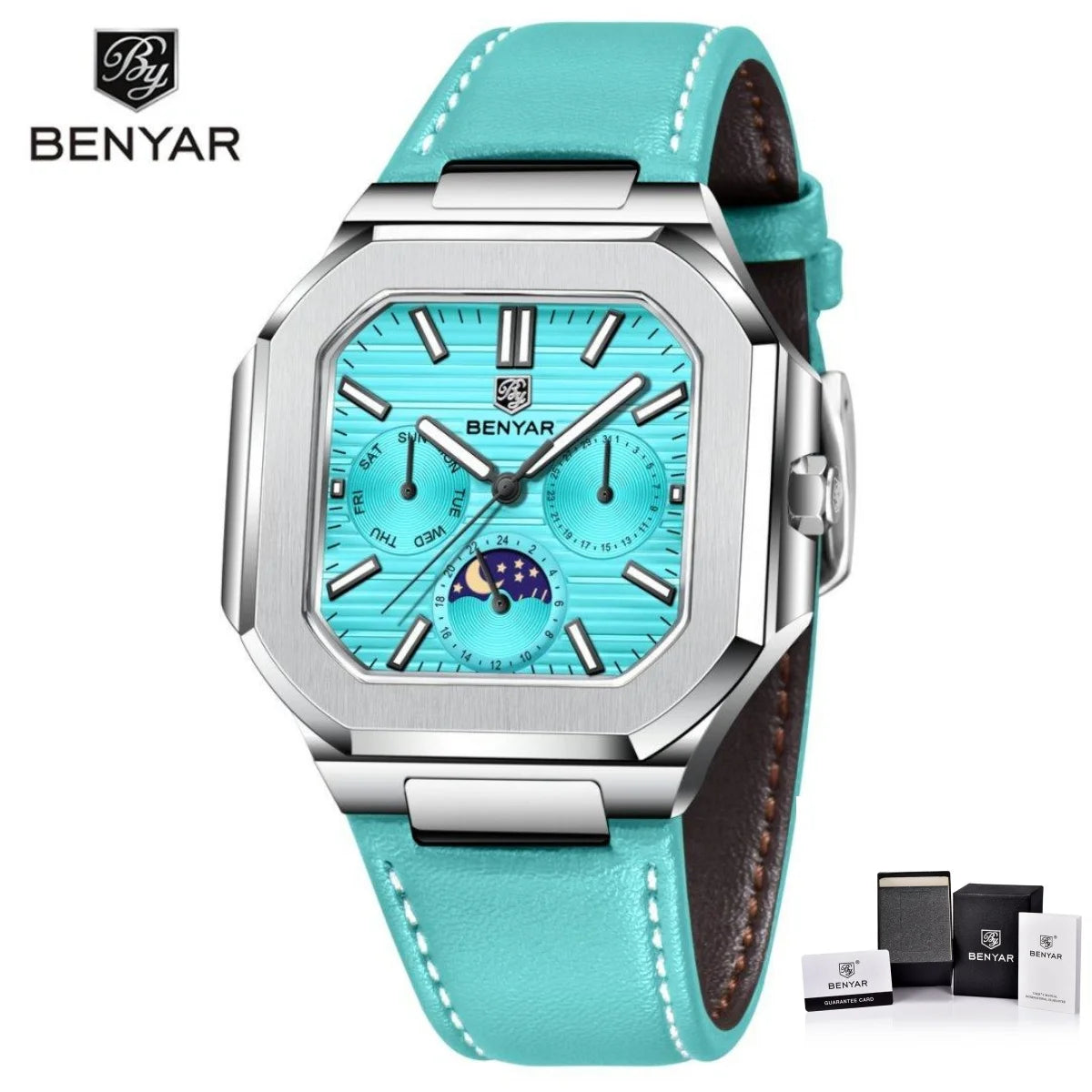 BENYAR Mens Square Watch 37mm Quartz Wristwatch Moon Phase Date Week 24 Hours Display Steel / Leather Strap Waterproof Luminous