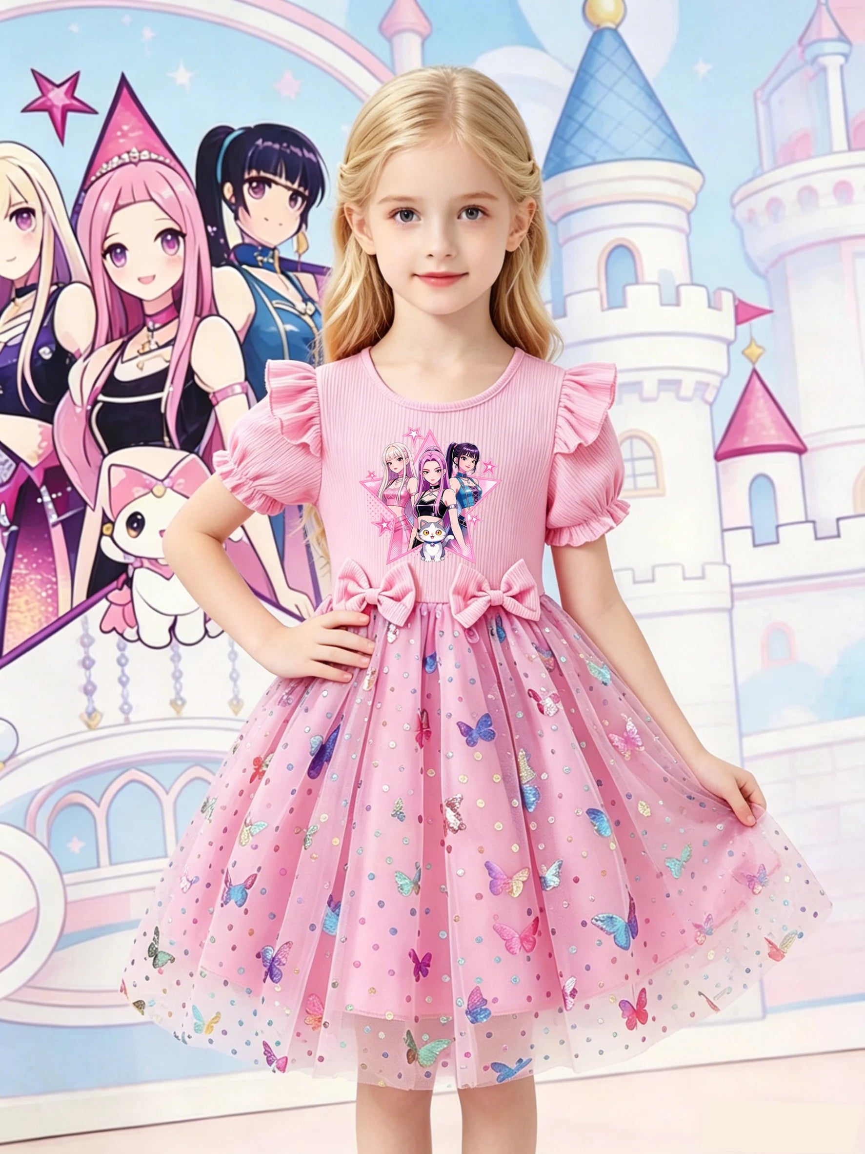 Dreamy Style Kids Princess Dress, Purple, K-POP Cartoon Print + Colorful Dot Butterfly Sequin Elements