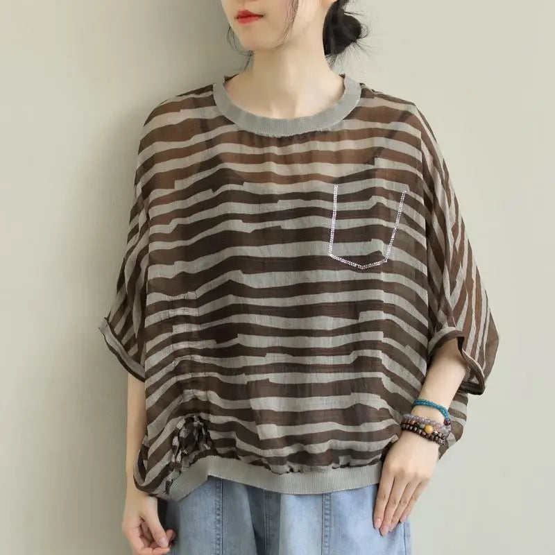 Oversized T Shirts Women Fashion Striped Irregular Design T-shirt Casual Loose Short Sleeve Top Summer Trend Thin Tshirt Vintage