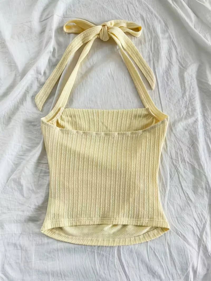 Short Top, Women's Vacation Knitted Tie Hanging Neck Tie Top