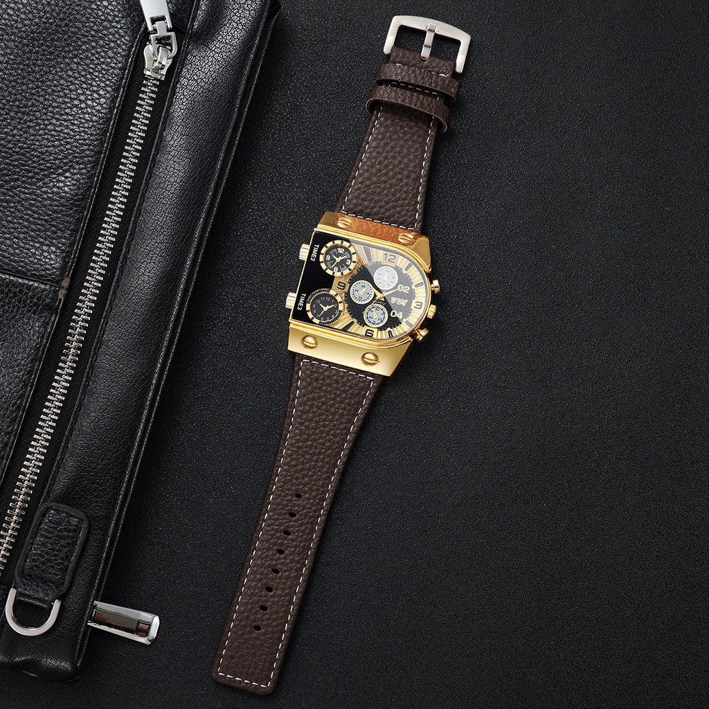 Luxury Square Decorative Five-eyes Dial Men Business Watch Casual Oversized Leather Strap Quartz Sports Wristwatch (Without Box)
