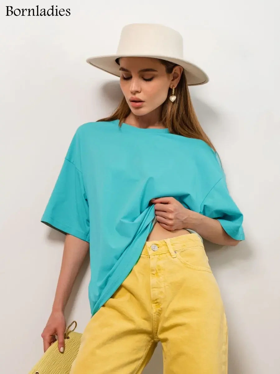 Bornladies 2025 Women's Summer 100% Cotton T-shirt Bottoming Basic Fashionable Solid Lady Short Sleeve Loose Tops Shirts