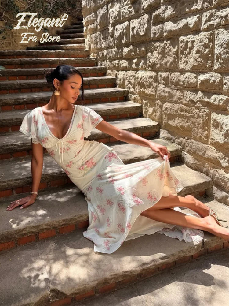Chic Floral Puff Sleeve Women Maxi Dress Sexy V Neck Button Down Ruffle Slit Vestidos 2026 Summer New Lady Daily Party Sundress