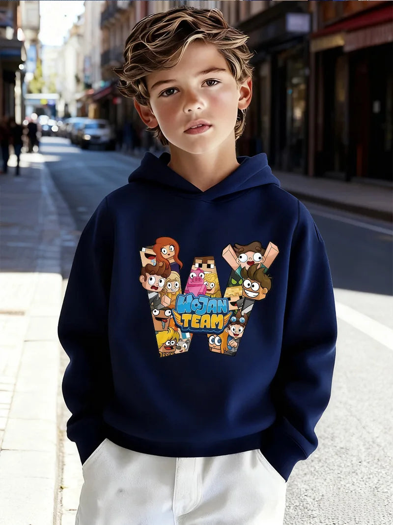 2026Kids'Wojan Team Character Graphic Hooded Sweatshirt | Soft Fleece Kids' Pullover for Casual Wear