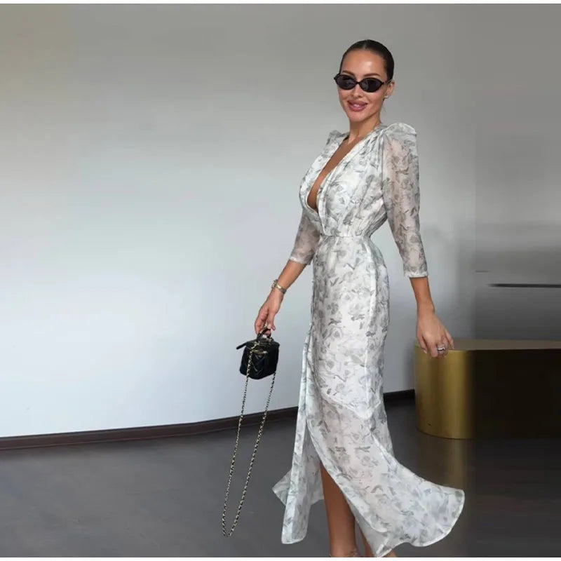 Sexy Printed Flower Long Women's Dress Sleeveless Waist-Closed Slash Neck Lady Dresses Summer Sling Vacation Holiday Robe