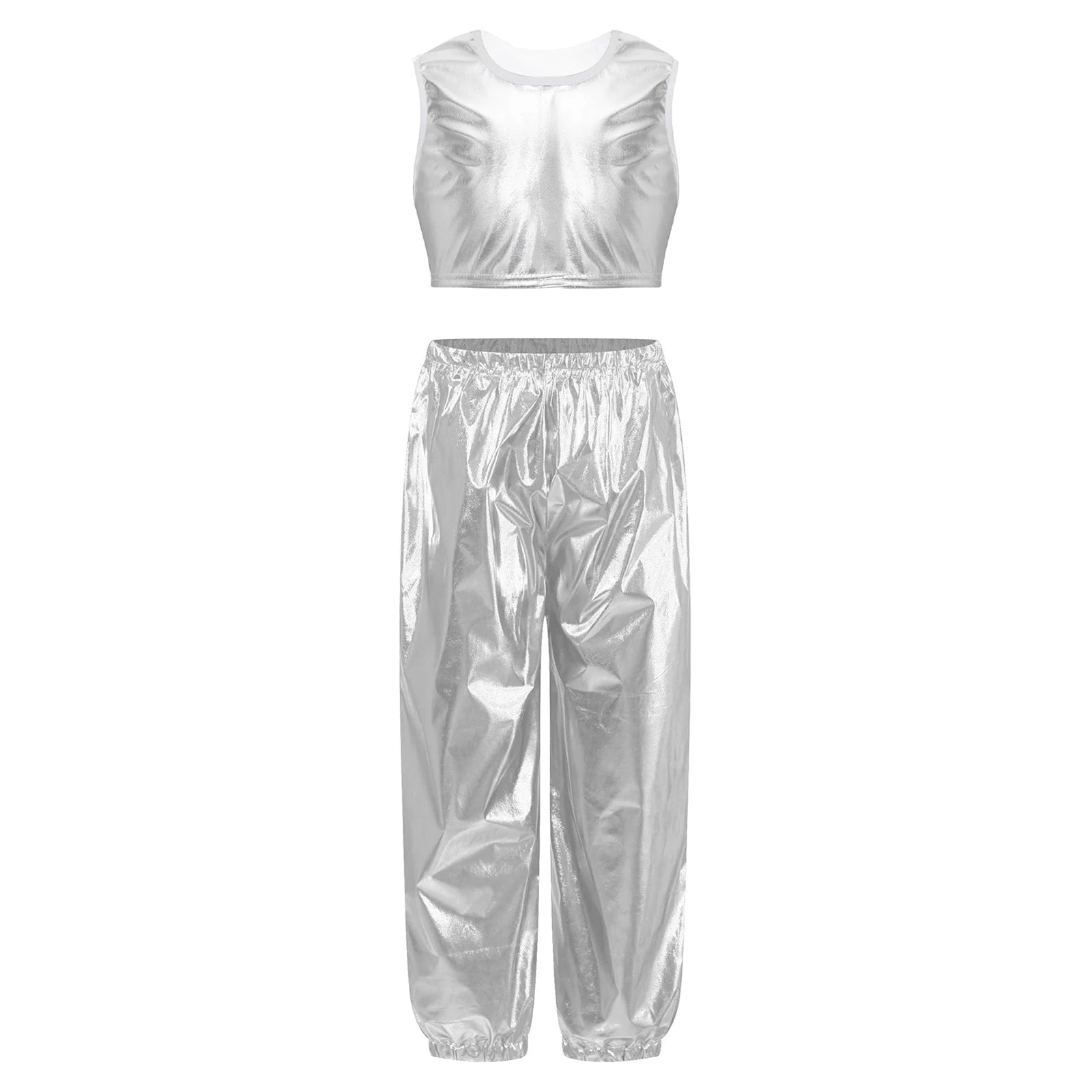 Kids Girls Boys Fashion Clothes Set Metallic Shiny T-shirt with Pants Suit for Jazz Hip Hop Street Dance Performance Costume