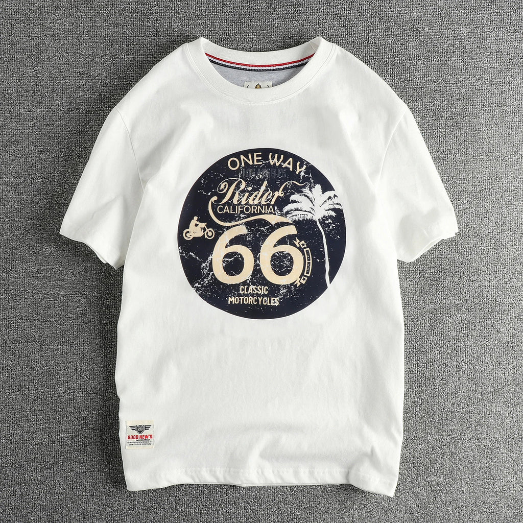 Summer American Retro Short Sleeve O-neck Letter Motorcycle Printed T-shirt Men's Fashion 100% Cotton Washed Casual Youth Tops