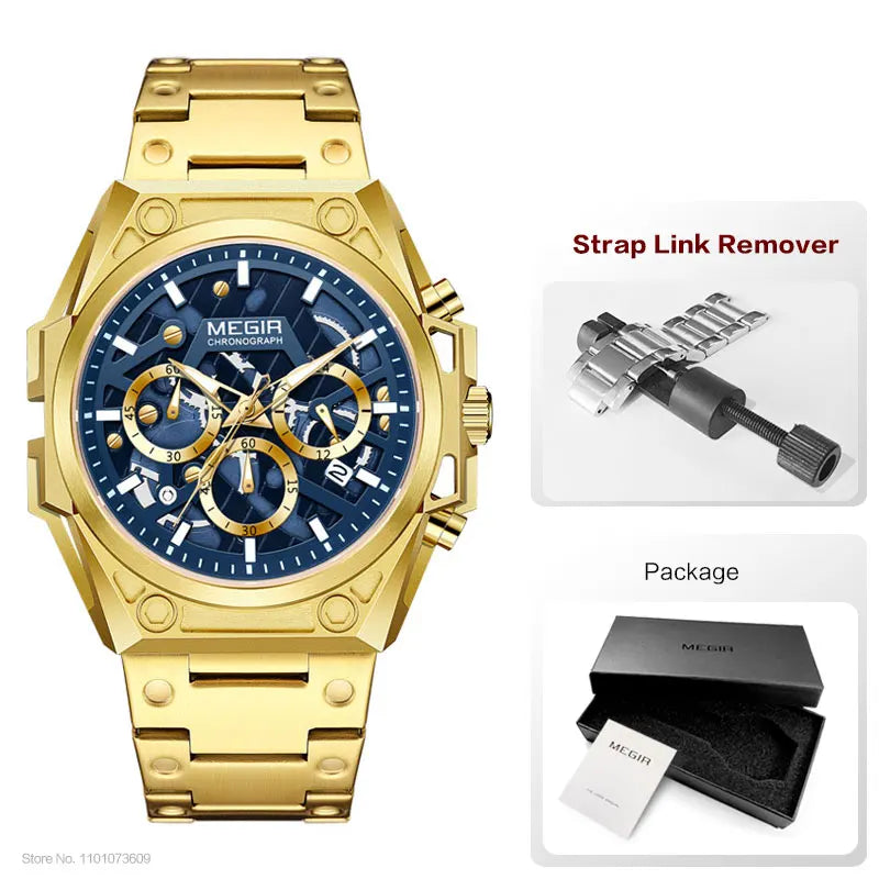 MEGIR Blue Watch Men Stainless Steel Dress Wrist Watch Man Waterproof Chronograph Quartz Watches Relogio Masculino часы мужские