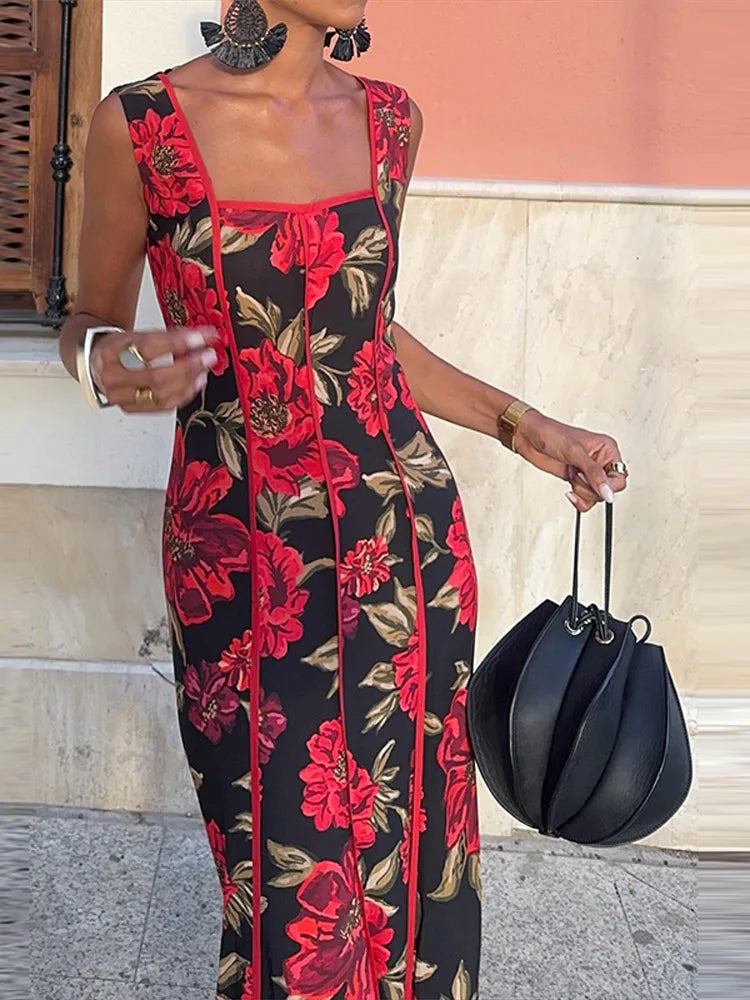 Sexy Printed Flower Long Women's Dress Sleeveless Waist-Closed Slash Neck Lady Dresses Summer Sling Vacation Holiday Robe