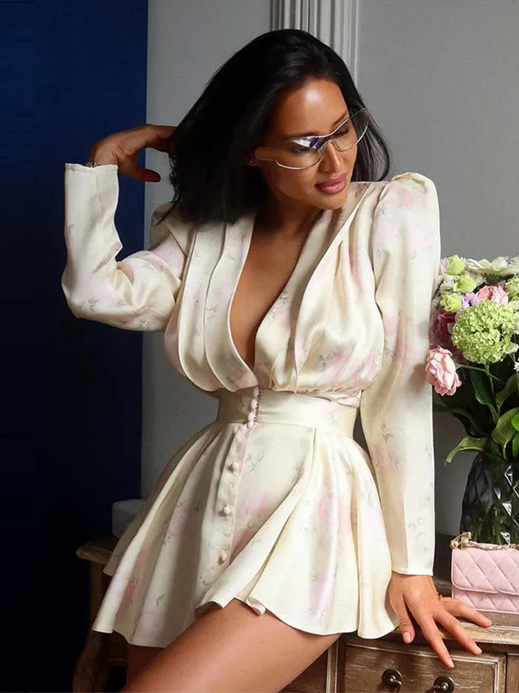 Elegant Women's Printed Waistband Short Dress Deep V-neck Long Puff Sleeve Pleated Dresses 2026 Summer Lady Holiday Party Robe