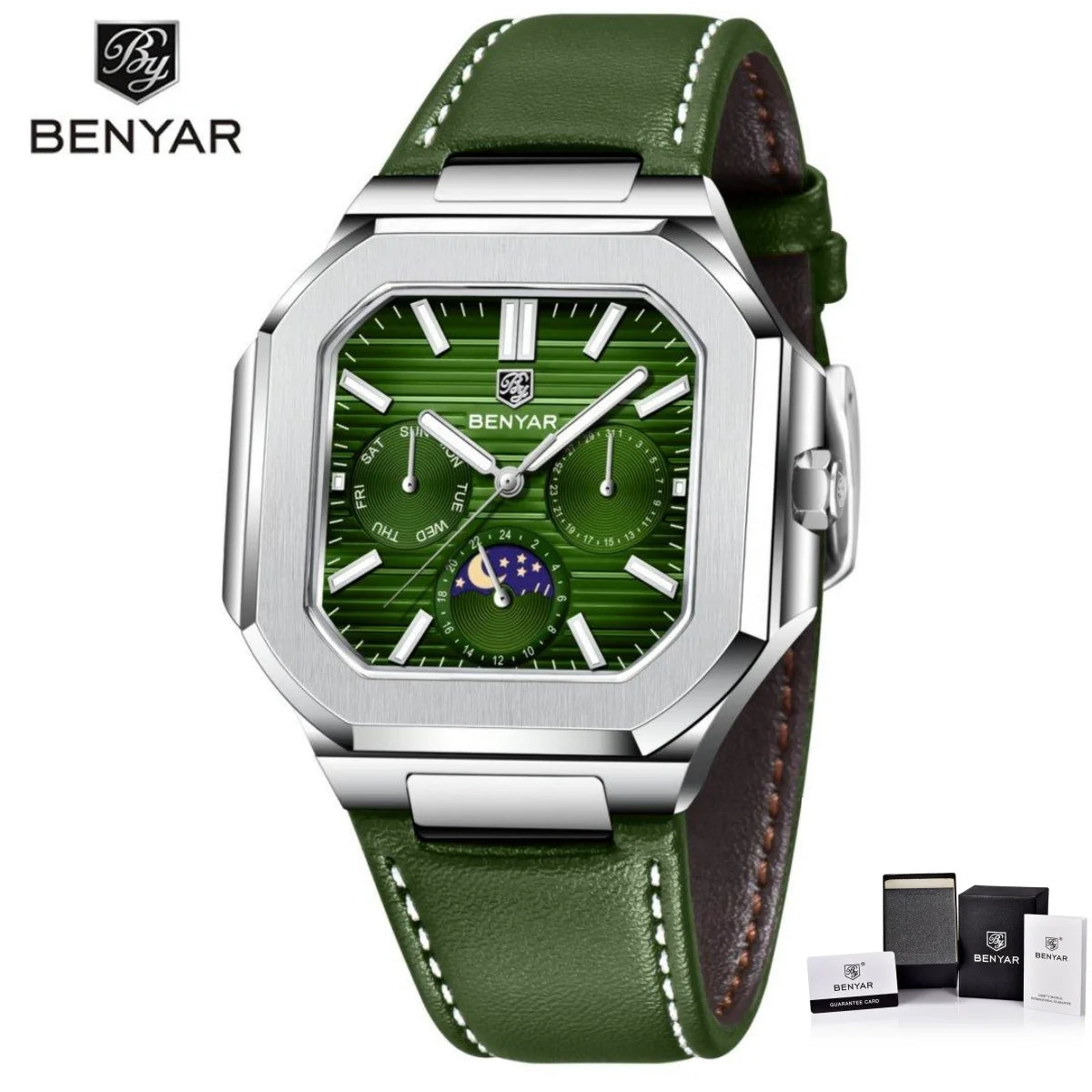 BENYAR Mens Square Watch 37mm Quartz Wristwatch Moon Phase Date Week 24 Hours Display Steel / Leather Strap Waterproof Luminous