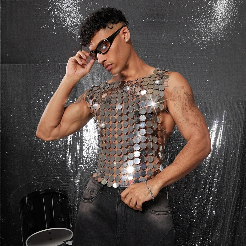 2025 New Men's Tank Tops Nightclub Metal Vest Handmade Sexy Perspective Party Stage Performance Punk Style Crop Top Accessories