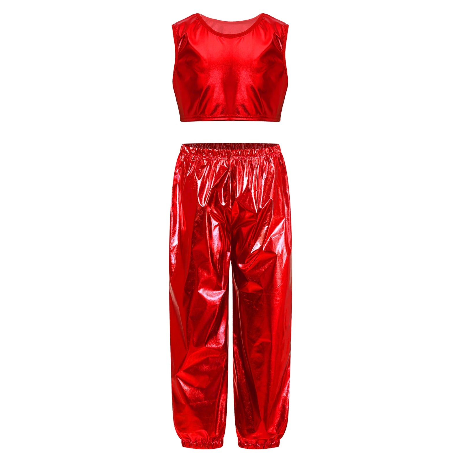 Kids Girls Boys Fashion Clothes Set Metallic Shiny T-shirt with Pants Suit for Jazz Hip Hop Street Dance Performance Costume