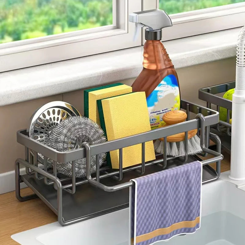 1-Pack Heavy-Duty Kitchen Sink Caddy - Rust-Resistant Metal Storage Rack with Drain Tray, 23×9×10cm High-Load Capacity