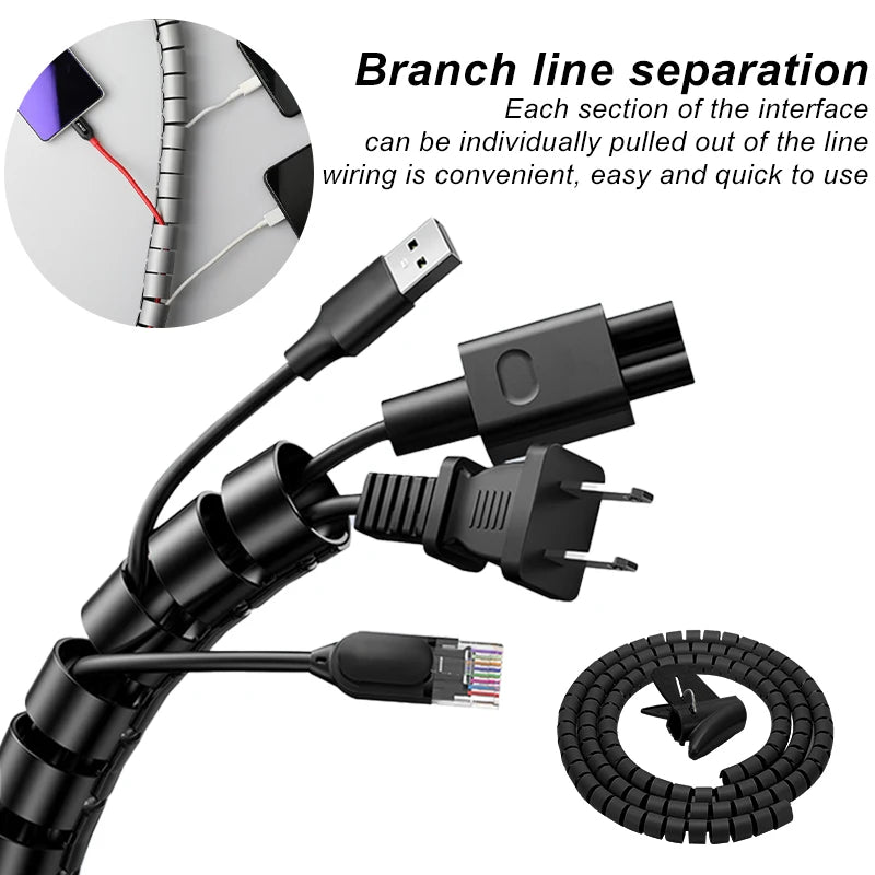 Black Cable Wire Protector Cable Organizer Management Pipe Flexible Wire Wrap Line Coiled Tube Office Cord Sleeve Cover 2M