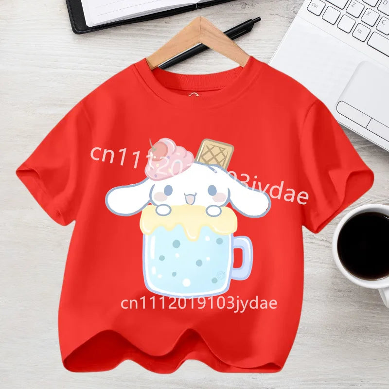 2026 Summer Casual Clothes Kawaii Gift Cute Cinnamoroll Girl T-shirt Cotton Anime Print Tee Shirt Kids Short Sleeve Streetwear