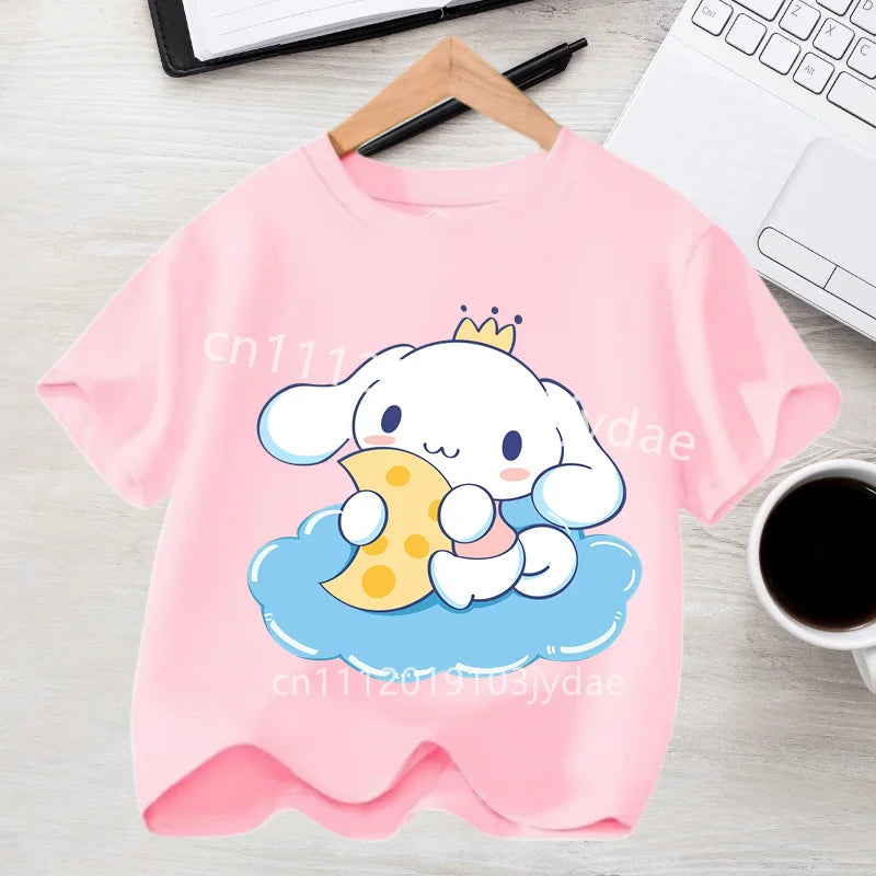 2026 Summer Casual Clothes Kawaii Gift Cute Cinnamoroll Girl T-shirt Cotton Anime Print Tee Shirt Kids Short Sleeve Streetwear