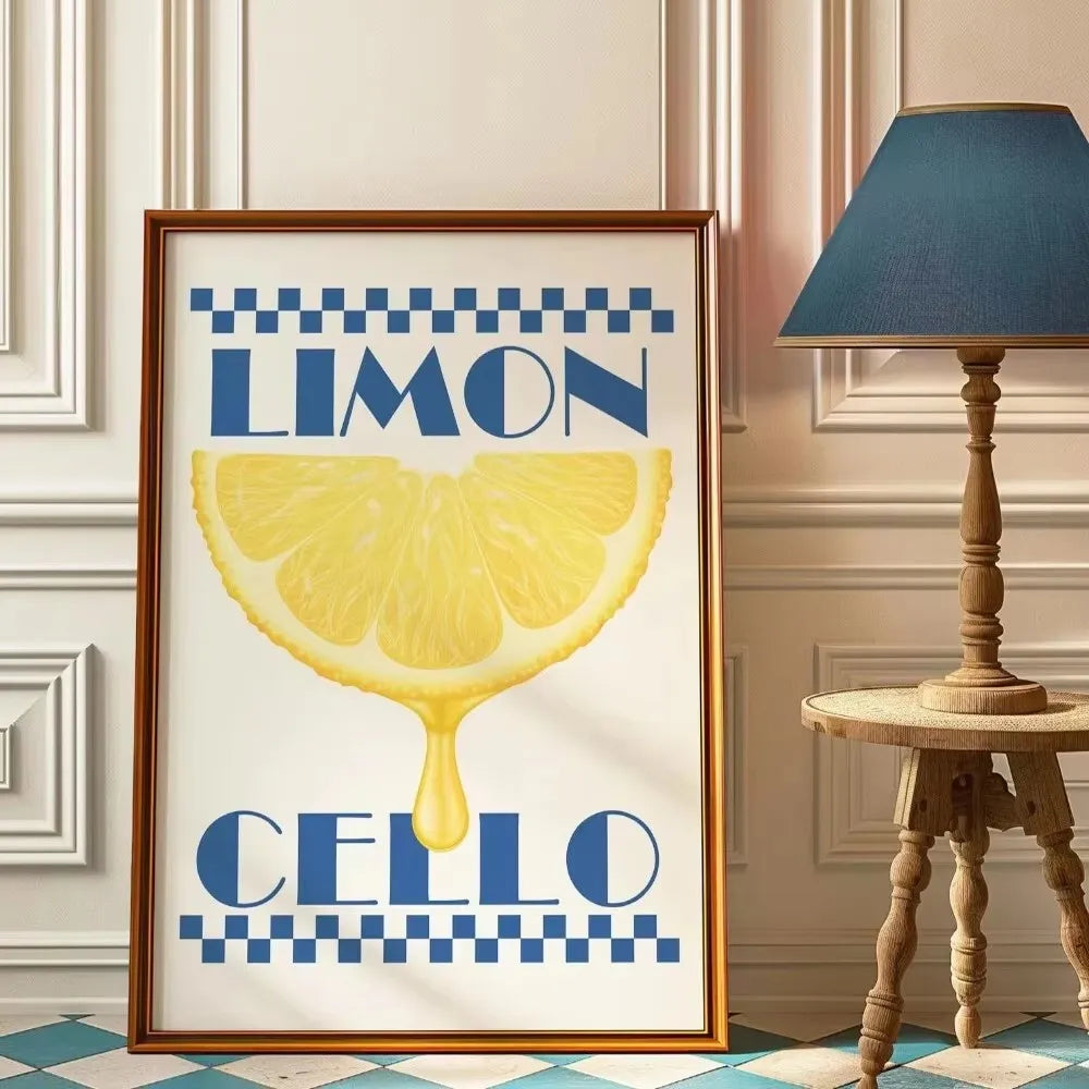 Retro Limon Cello Lemon Fruit Canvas Print Positano Lemon Strawberry Fruit Market Poster for Modern Bedroom Kitchen Home Decor