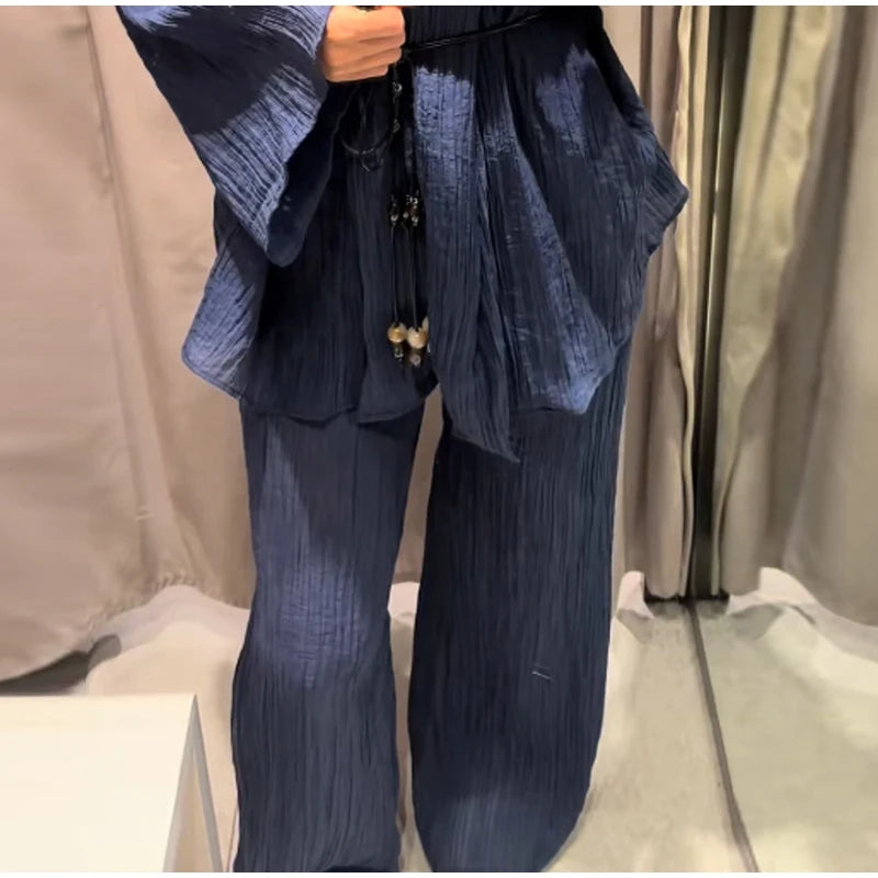Casual Pleated Cardigan Pants Set V-neck Drop Shoulder Flared Sleeves Belt Waist Shirt Wide Leg Pants 2026 Chic Lightweight Sets