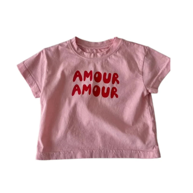 Summer Korean Style Kids T-Shirt Letter Print Cotton Short Sleeve Children Top Solid Color Thin Soft Clothes for Boys Girls