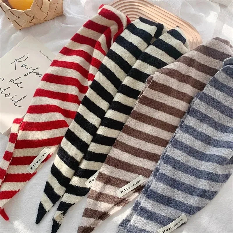 Korean Stripe Triangle Scarf 100% Wool Triangular Scarf Men Women British Niche Headscarf Knitted  Multi-functional Warm Scarf