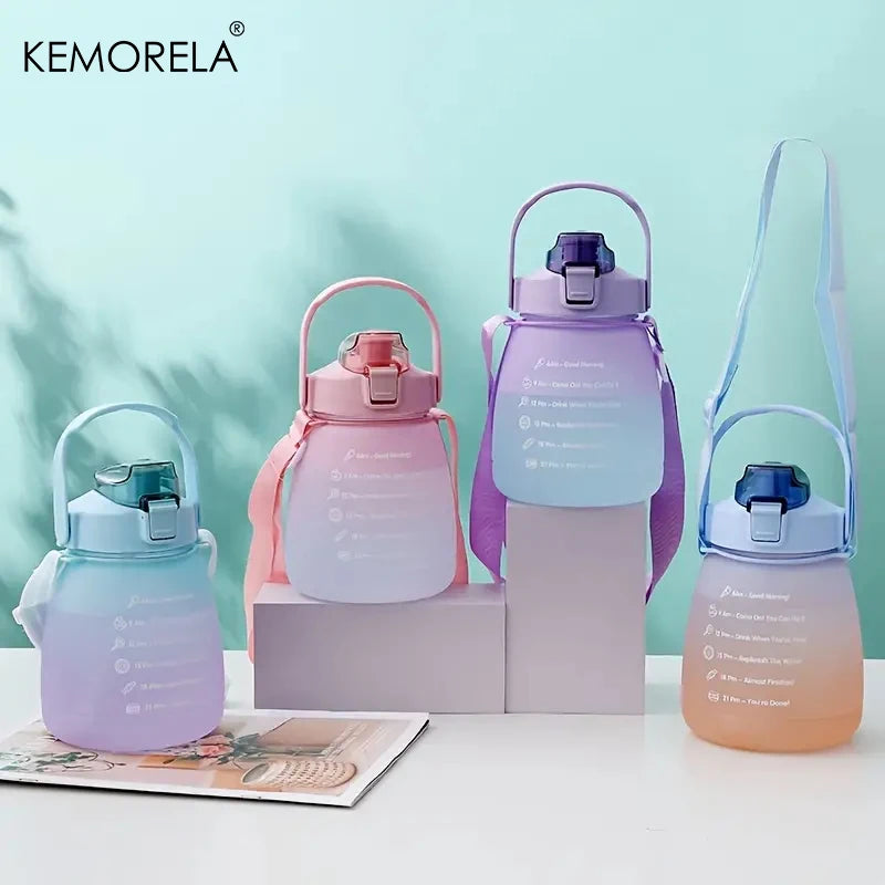 1.3L Large Capacity Sports Water Bottle with Straw Gradient Color Women's Outdoor Running Portable Plastic Bottle