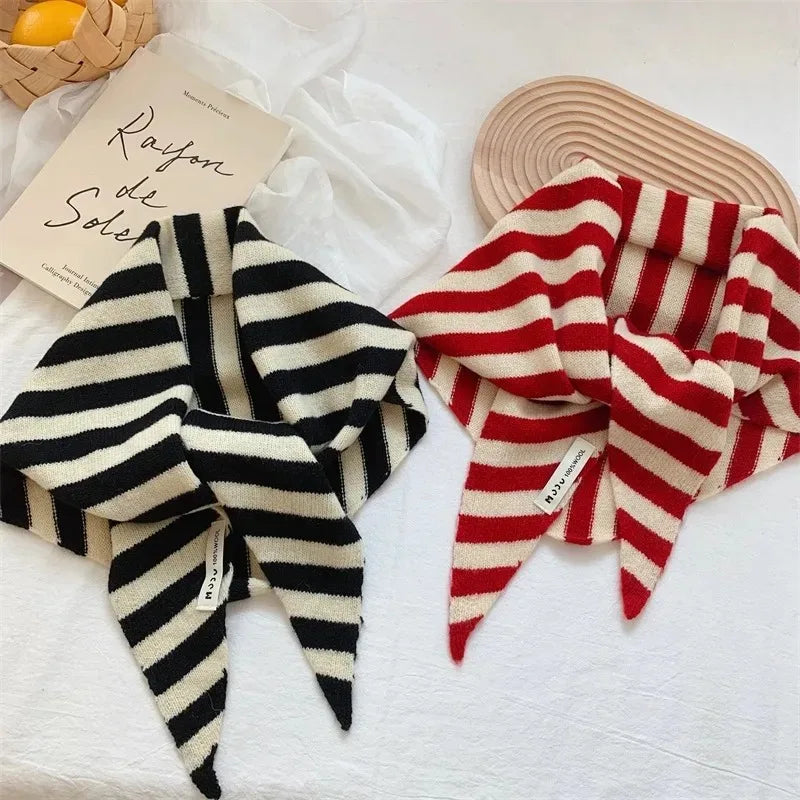 Korean Stripe Triangle Scarf 100% Wool Triangular Scarf Men Women British Niche Headscarf Knitted  Multi-functional Warm Scarf