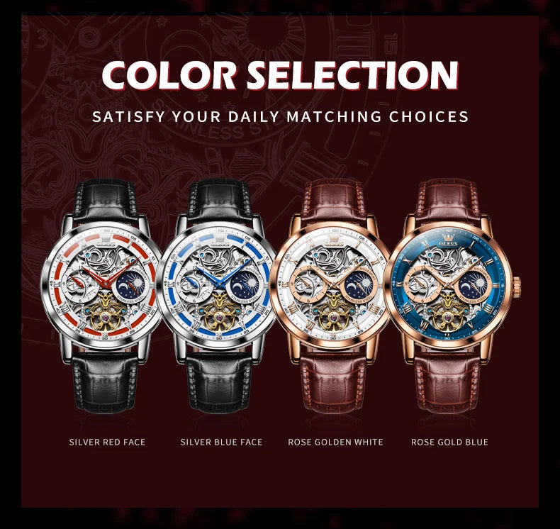 OLEVS 6670  Men Watch Luxury Leather Strap Sport Clock Business Automatic Mechanical Skeleton Wristwatch for Man High Quality