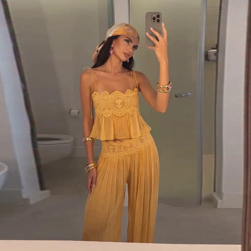 Women Pant Set Sheer Layers Spaghetti Strap Backless Lace Top Straps Solid Loose Straight Elastic Hem Fashion Beach Chic Suits