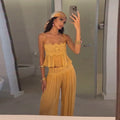 Women Pant Set Sheer Layers Spaghetti Strap Backless Lace Top Straps Solid Loose Straight Elastic Hem Fashion Beach Chic Suits