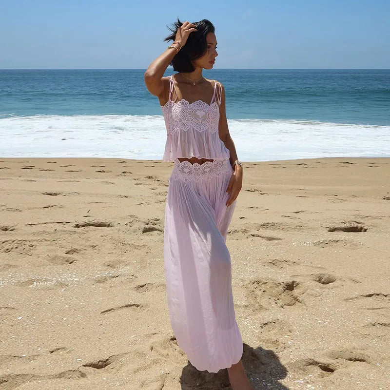 Sheer Layers Lace Stitching Solid Women's Suit Sling Mini Top High Waist Loose Long Skirt Fashion 2026 Summer New Beach Lady Set