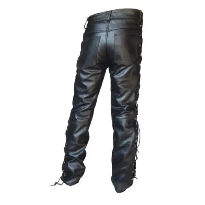 Men's Black Thick Leather Side Laces Up Jeans Style Long Pant Motorcycle Leather Trousers Leather Motorcycle Pants