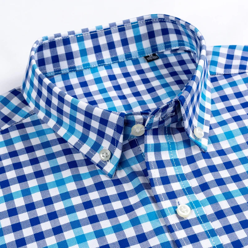 Men's Fashion Plaid Checkered Short Sleeve 100% Cotton Shirt Button-collar Holiday Youthful Striped Summer Casual Gingham Shirts