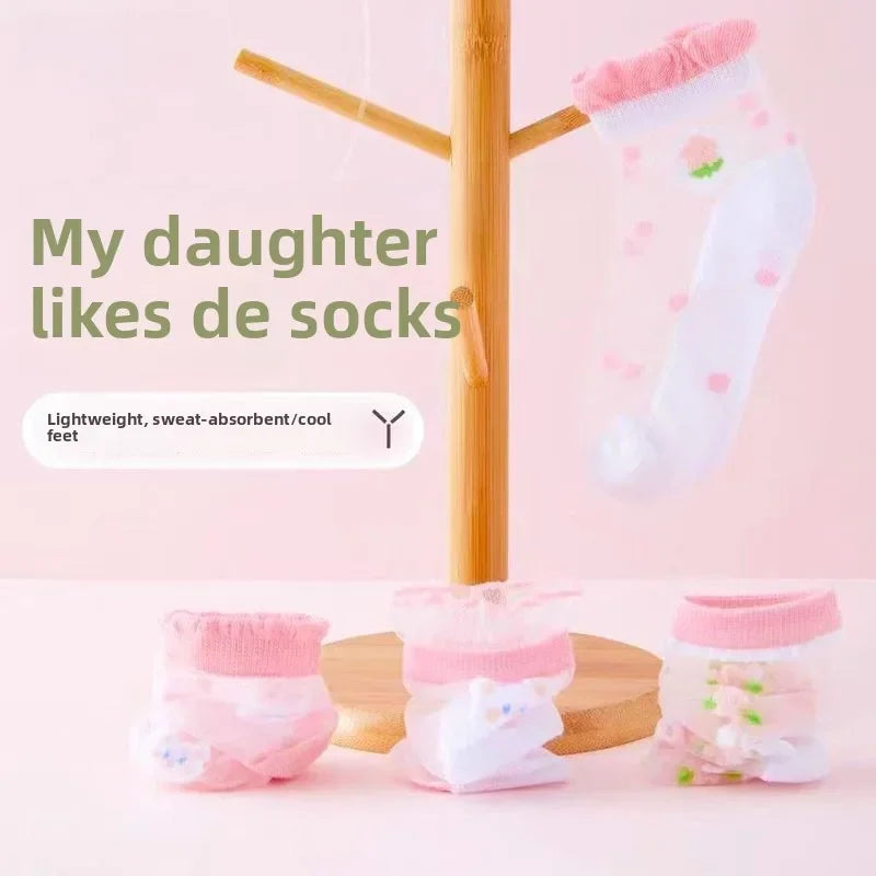 5 Pairs/Baby Girl Summer Socks Thin Ice Silk Mesh Crystal Breathable Cotton Short Mid Calf Boat Socks for Kids
