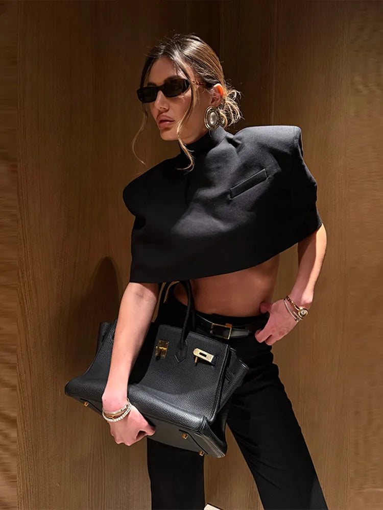 Elegant Stand Collar Women's Cape Skirts Suit Pocket Crop Tops Pleated Mini Skirt Lady Set 2026 Summer Autumn Female Outfits