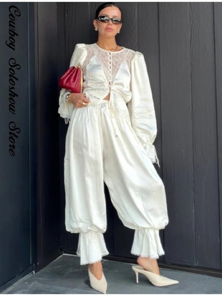 Casual Lace Spliced Pants Set Summer Women's Suit Elegant Round Neck Waist Cinching Blouse New Street Evening 2 Pieces Outfits