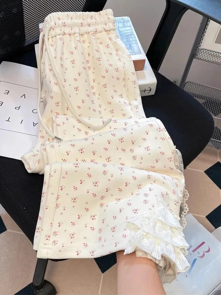 Zoki Chic Floral Sweet Wide Leg Pants Women Bow Lace Patchwork High Waist Trousers Japan Cute Loose Female Casual Fashion Pants