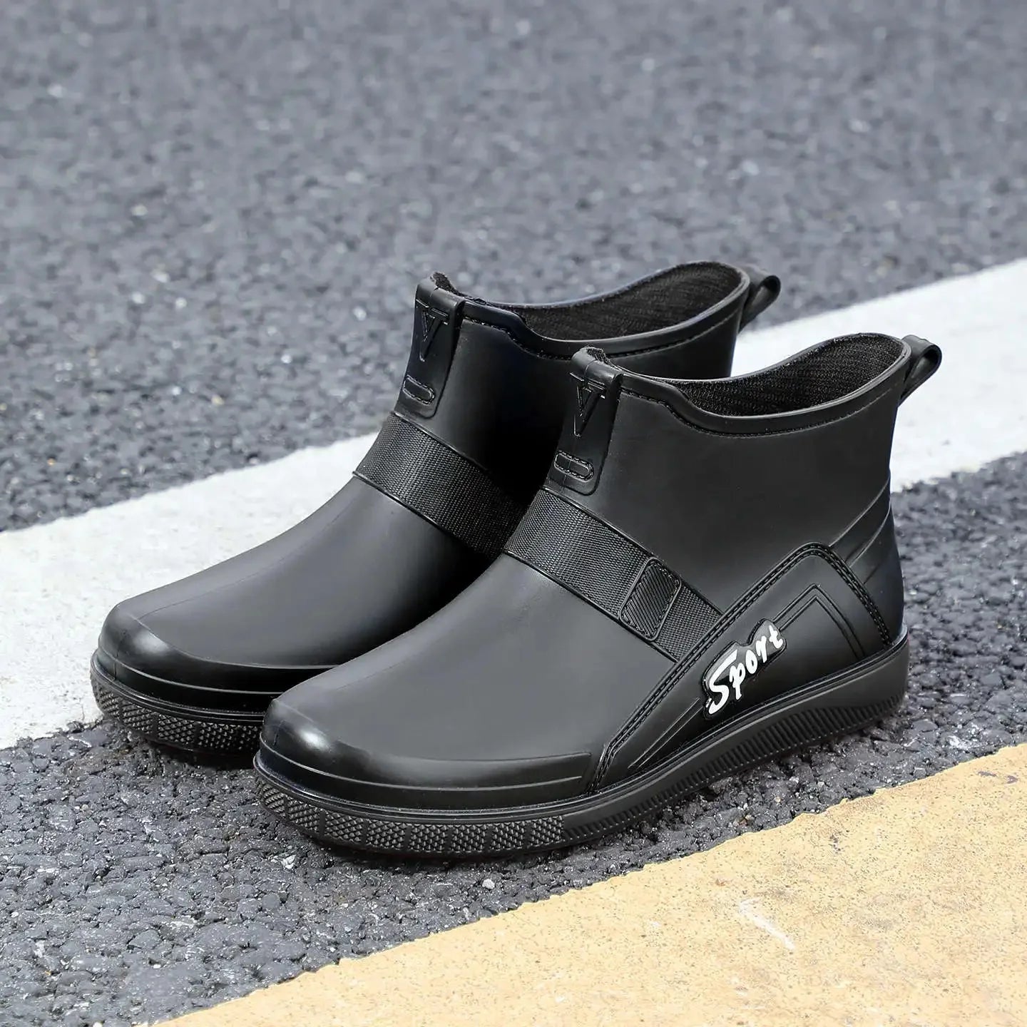 Men's Mid-Calf Waterproof Rain Boots Reflective Strip Security Flood Control Slip-On Shoe Camping Adventure Water Shoe