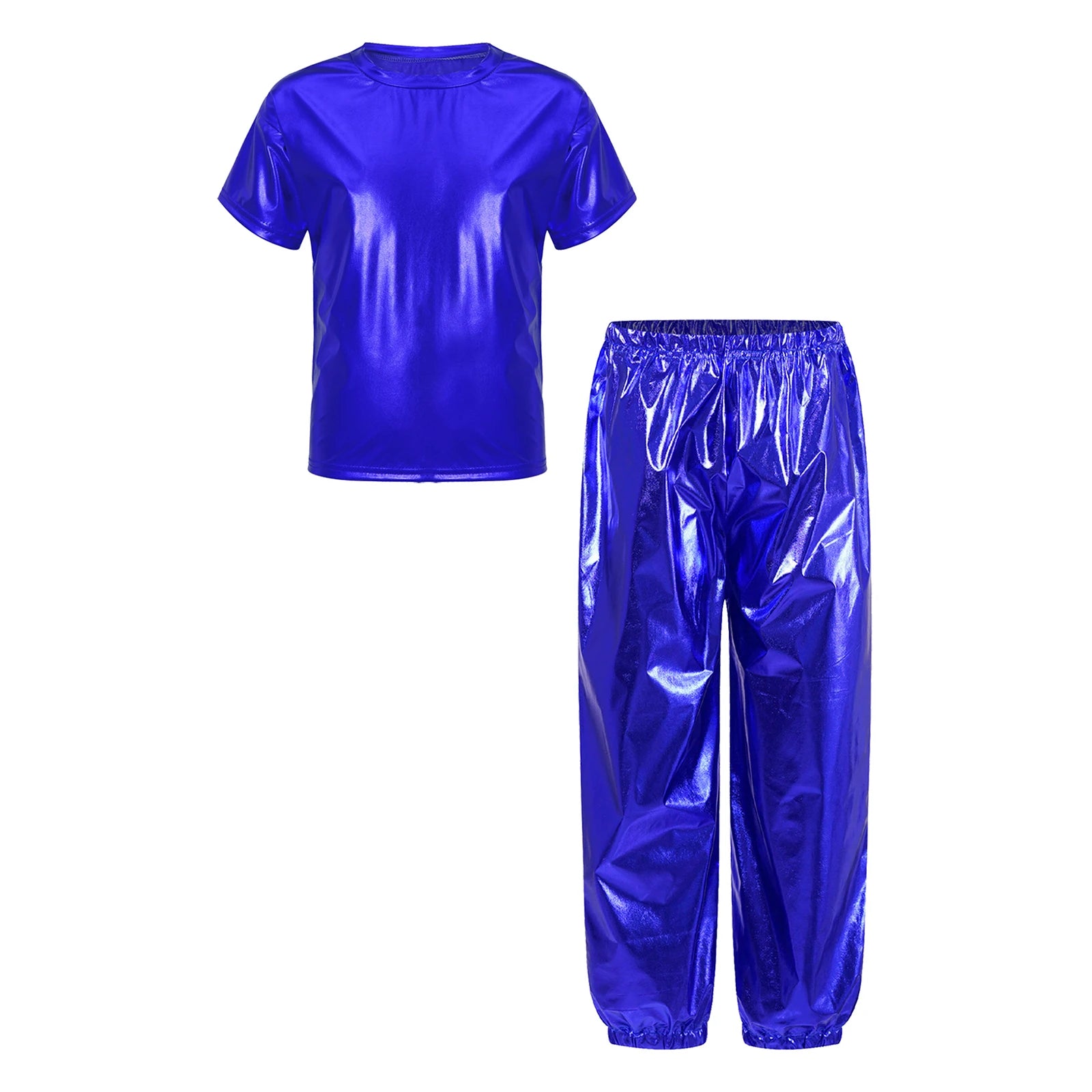 Kids Girls Boys Fashion Clothes Set Metallic Shiny T-shirt with Pants Suit for Jazz Hip Hop Street Dance Performance Costume