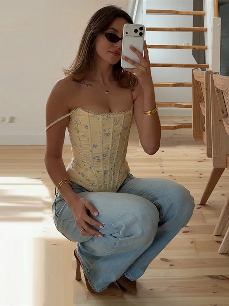 Floral Printed Fish-bone Tank Tops Women's Slim Sleeveless Back Lace-up Waist-cinching Blouses 2026 New Ladies Summer Outfit