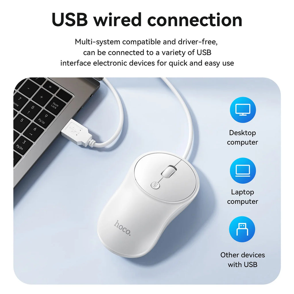 Hoco Silent USB Wired Mouse For Home Office 1000/1600DPI Corded Ergonomic Computer Mouse For Laptop Desktop Computer PC Notebook