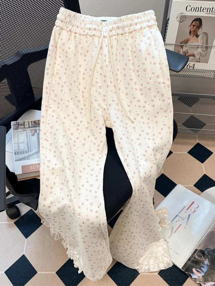 Zoki Chic Floral Sweet Wide Leg Pants Women Bow Lace Patchwork High Waist Trousers Japan Cute Loose Female Casual Fashion Pants