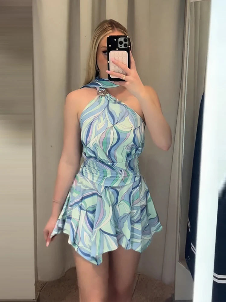 Print Women Dress Backless Mini Dress Halter High Waist Dresses Flared Skirt Hem Waist Shaping Slimming Casual Trendy Street Sty