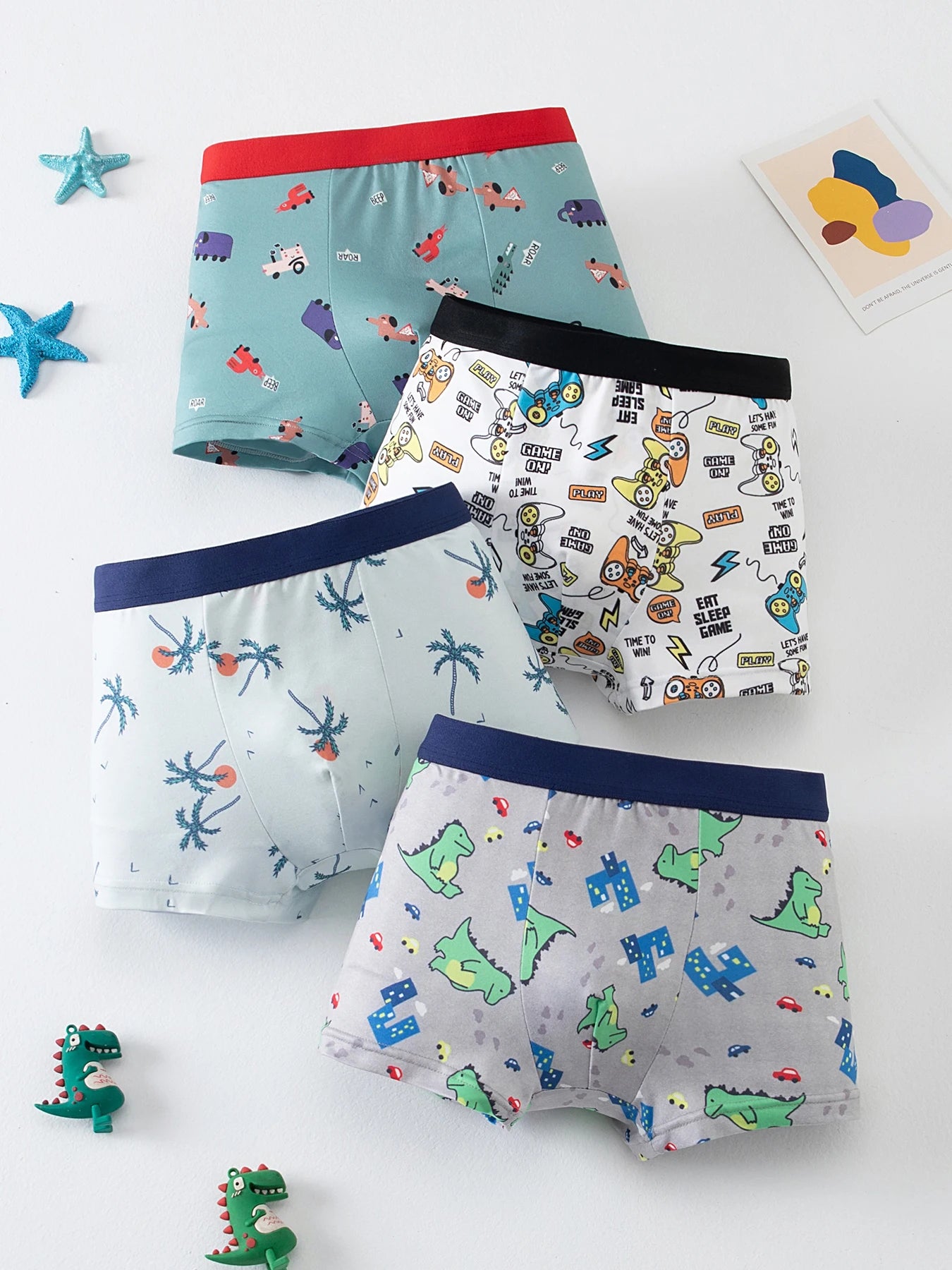 4 pieces of cute cartoon elastic waisted underwear for boys in all seasons, comfortable boxer shorts, multi-color home shorts