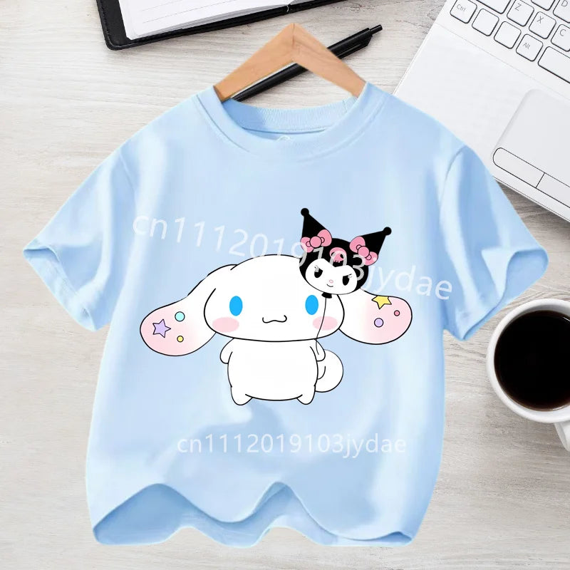 2026 Summer Casual Clothes Kawaii Gift Cute Cinnamoroll Girl T-shirt Cotton Anime Print Tee Shirt Kids Short Sleeve Streetwear