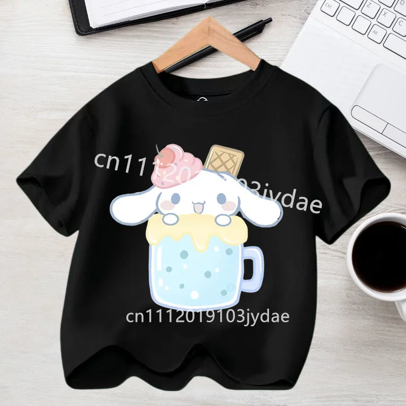 2026 Summer Casual Clothes Kawaii Gift Cute Cinnamoroll Girl T-shirt Cotton Anime Print Tee Shirt Kids Short Sleeve Streetwear