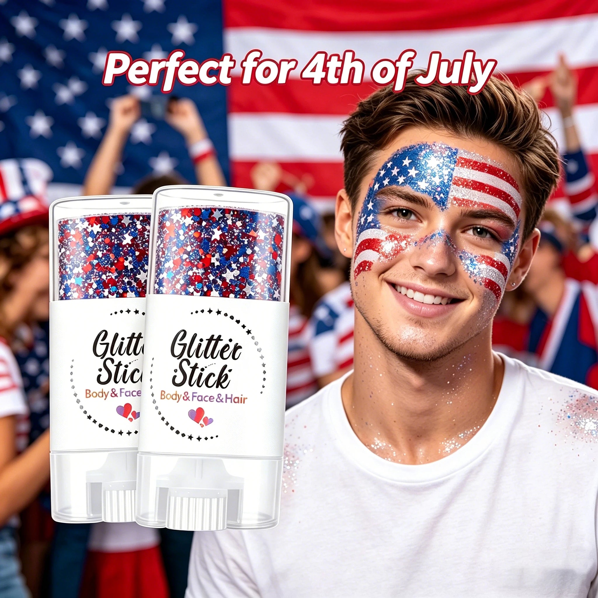 Patriotic Glitter Body Paint Stick with Makeup Remover Cloth, Red White Blue Face Paint for 4th of July, Sports Games
